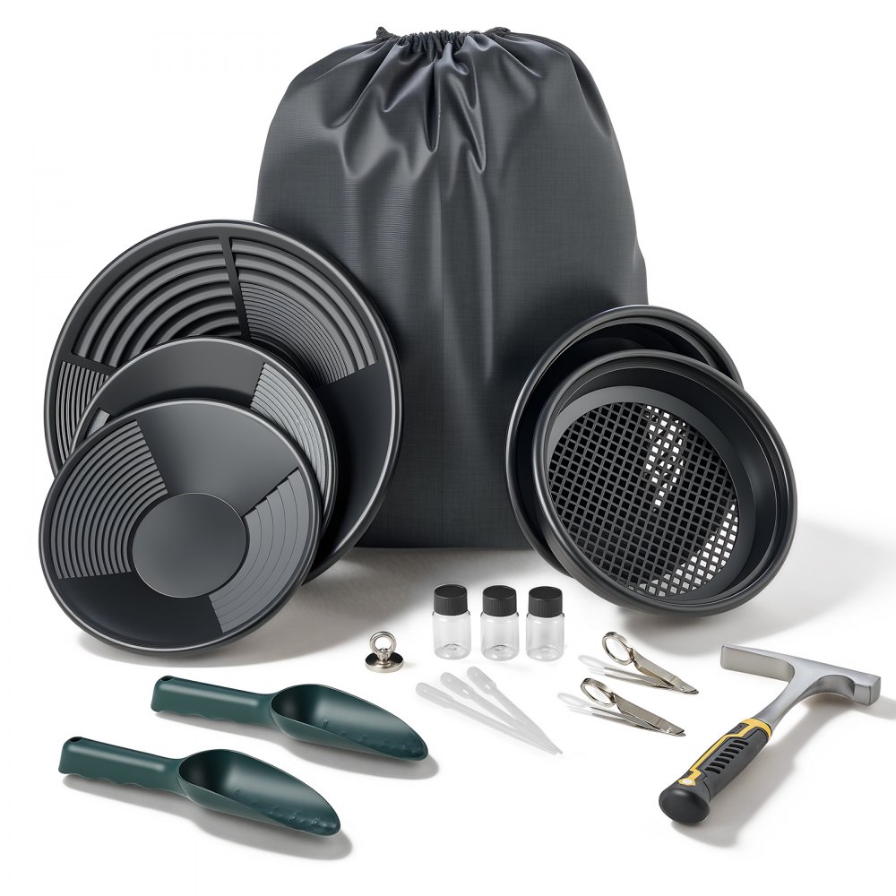 Goudpan 10 & 14 inch, goudpan van PP, 19 stuks. Draagbaar, met classificatieschermen, zandmagneet, steenhouweel, schoppen, rugzak en accessoires, gouden wasbakset, zwart