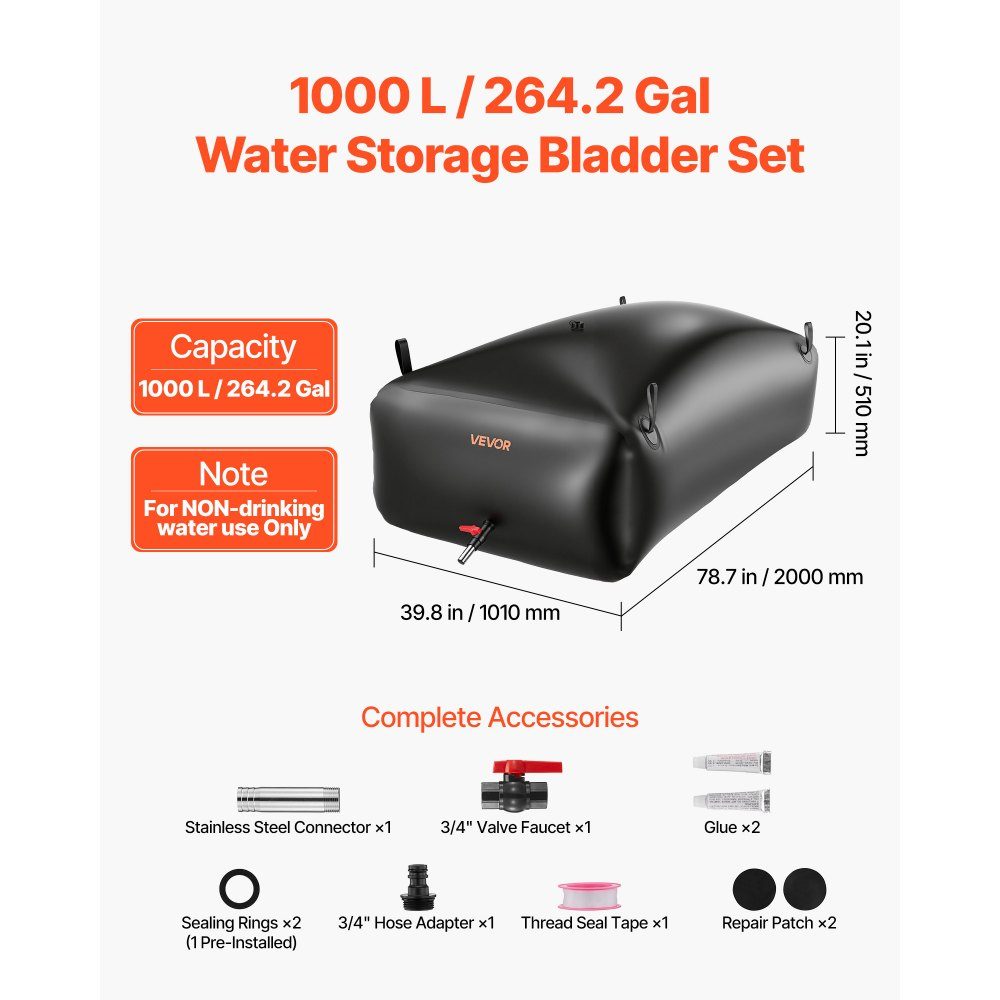 Vessie de stockage d'eau, sac d'eau 1000 L avec robinet, sac d'eau pliable et portable en PVC 1000D, stockage d'eau pour système d'irrigation, résistance à la sécheresse et aux catastrophes, noir