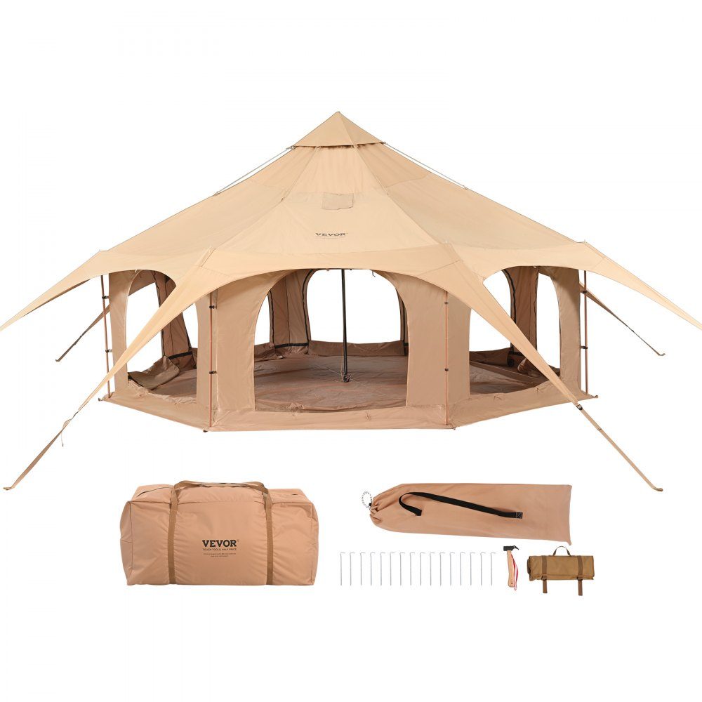 Bell Tent 5x2.8m Yurt Tent TC Cotton and Heavy Duty Iron Poles with Oxford Cloth Groundsheet Camping Tent Family Tent 8 Windows Group Tent for Outdoor Adventures