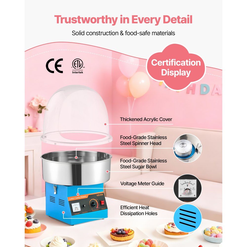 Electric Cotton Candy Machine 1000W, Cotton Candy Machine with Lid & Stainless Steel Bowl & Sugar Spoon, Ideal for Carnival, Birthdays, Family Gatherings, Cotton Candy Machine Blue
