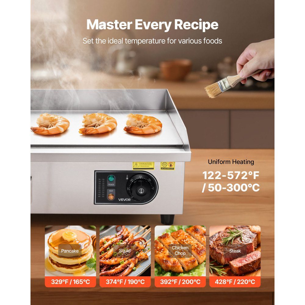 Electric grill commercial grill plate (535 x 300 mm) 3200 W with 50-300 °C adjustable temperature control, frying plate griddle plate with 2 spatulas & 2 brushes & 4 foot pads for steak