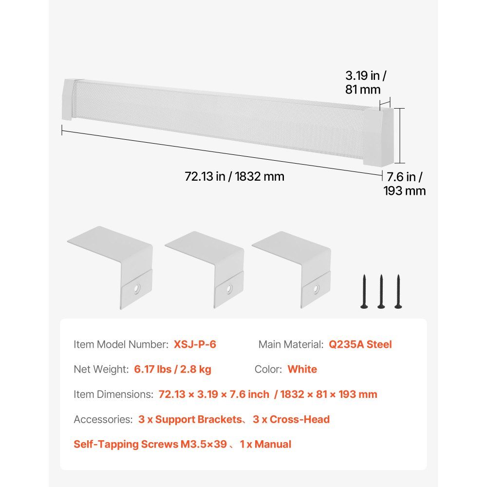 Premium Series Heater Covers 1832 x 81 x 193mm Standard Electric Radiator Front Cover Heavy Duty Steel Replacement Cover for Bedroom White