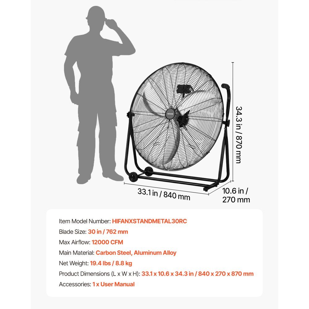 Wentylator podłogowy Ø762 mm, wiatrak odchylany o 360°, wentylator stojący z 3 stopniami prędkości, przenośny wentylator bębnowy z rolkami uchwytowymi i kablem 1,6 m, wentylator przemysłowy do magazynu garażowego