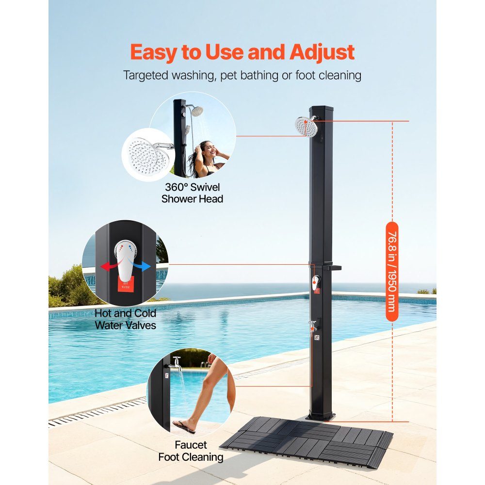 Solardouche 35L, tuindouche 2160 mm buitendouche met bodemplaat en voetbevestiging, zwembaddouche warm- en koudwaterregeling, campingdouche voor tuin, zwembad, strandzwembad, zwart