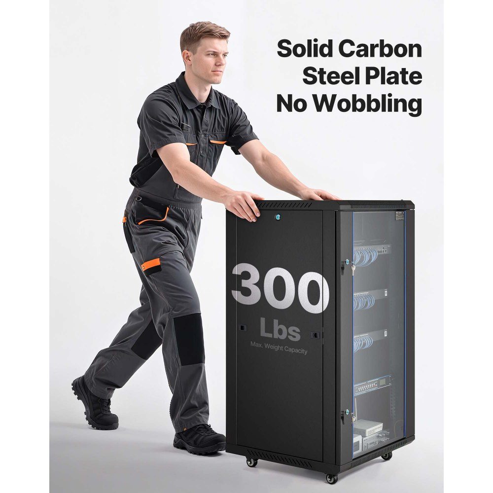 22U-Netzwerkschrank, 600 mm Tiefe, 136 kg maximale Tragfähigkeit, Serverschrank-Rack-Gehäuse mit abschließbarer Tür aus gehärtetem Glas, Seitenwände, Server-Rack für IT-Geräte, A/V-Geräte