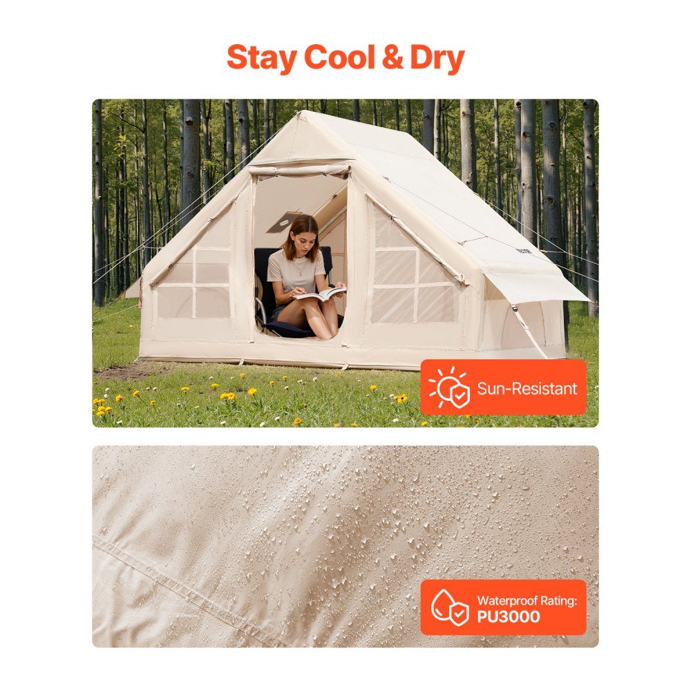 Inflatable Camping Tents 3x2x2m 3-5 Person 300D Oxford 4 Season Glamping Tent with Hand Pump, Stove Connection, 2 Doors and 2 Mesh Windows, Includes Storage Bag for Transport
