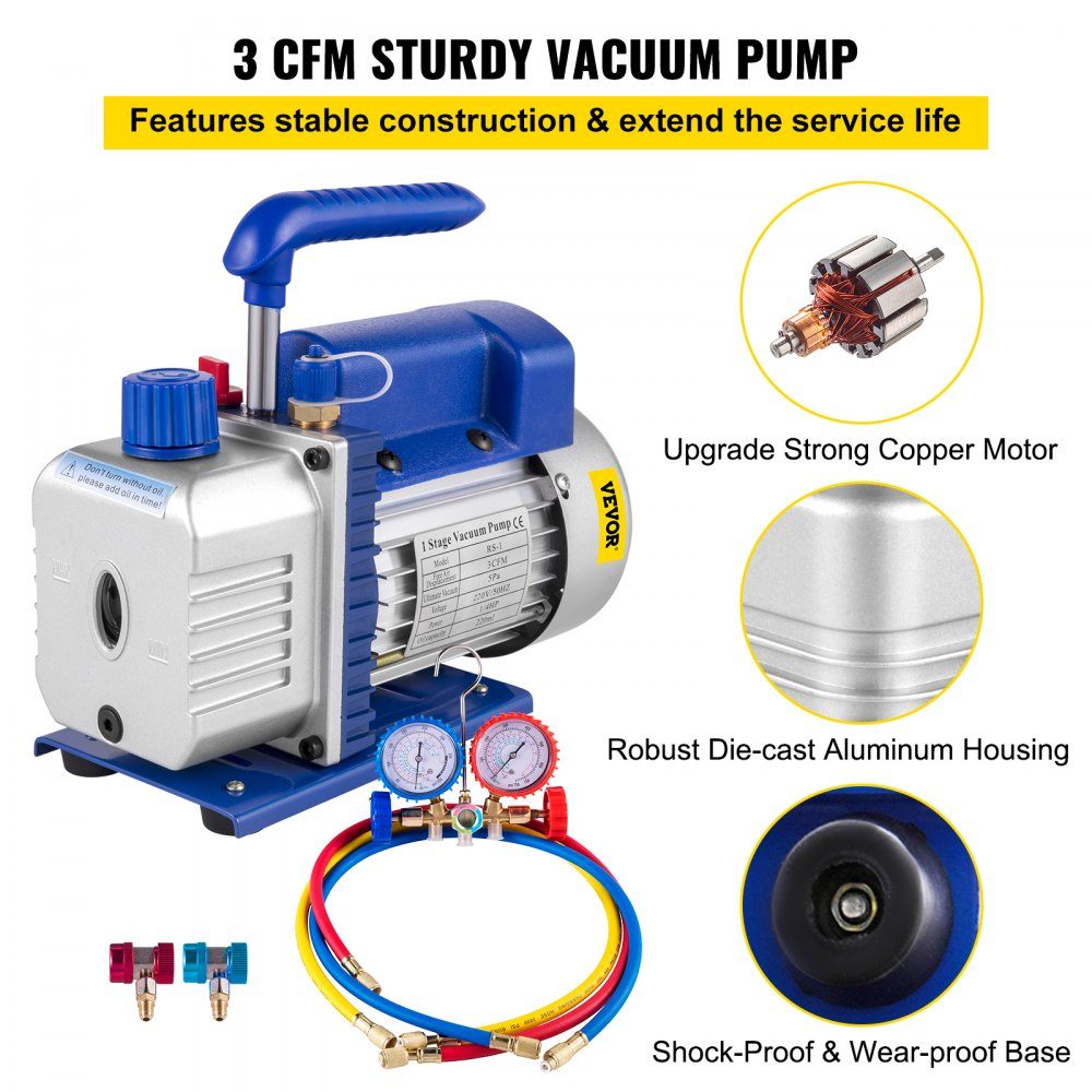 Pompe à vide vide à un étage 3CFM, pompe à vide 1/4 HP, pompe à vide 2 voies pour climatisation, pompe à vide 220 V, adaptée au liquide de refroidissement R12 R134a R22 R410a R404 R502