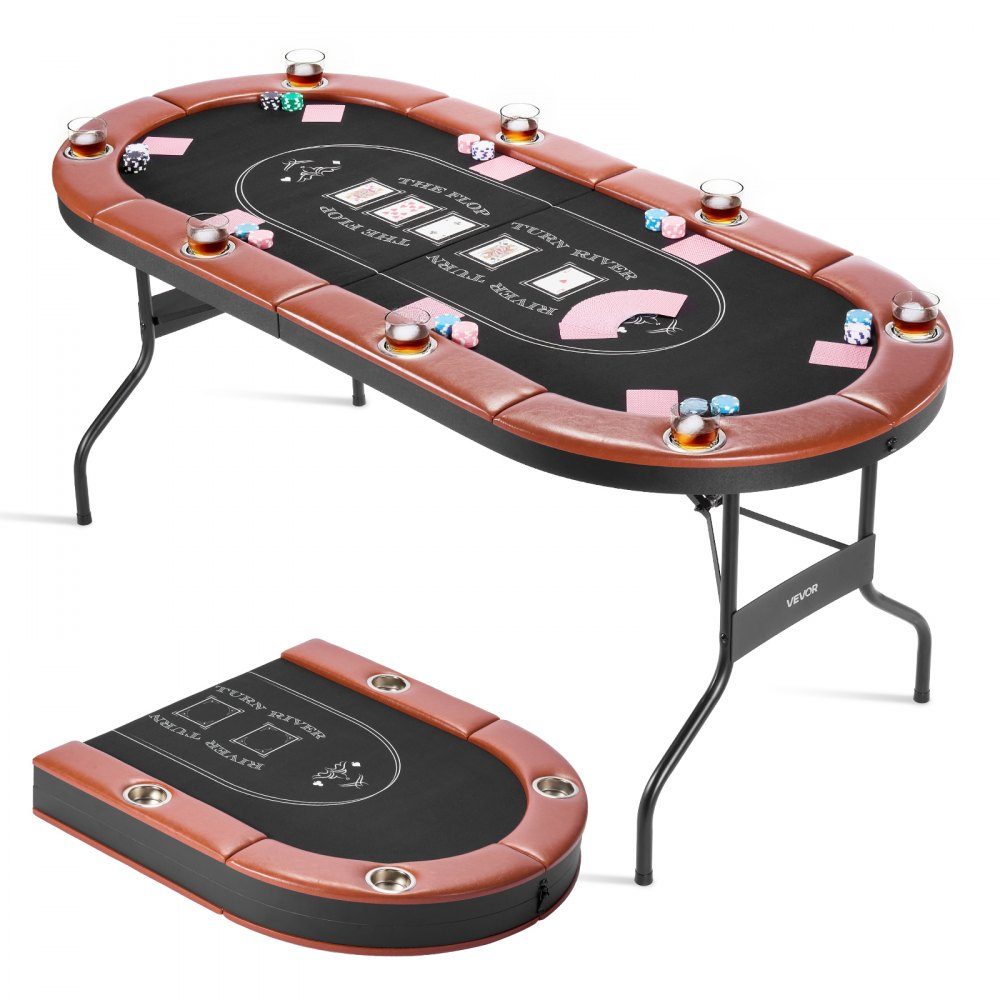 Klappbarer Pokertisch für 8 Spieler (72 Zoll), Casino-Freizeittisch mit gepolsterten Schienen und Getränkehaltern, ovale tragbare Spieltische mit Filz- und Metallbeinen, Texas Hold'em Poker