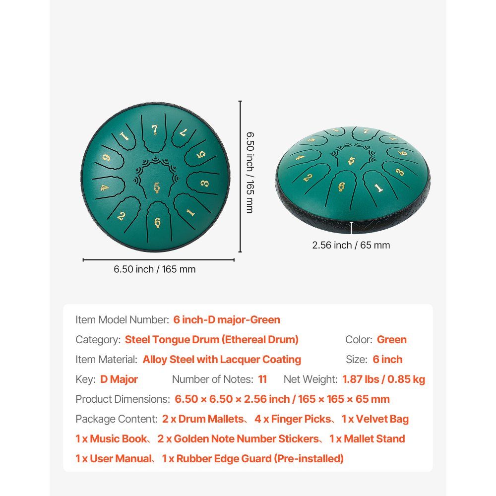 Tambour de langue, 165 mm, tambour de pluie 11 tons, tambour de musique majeur en D avec livre de musique et maillets, tambour de langue en acier, poêle en acier, pour méditation, yoga, débutants, cours de musique, vert