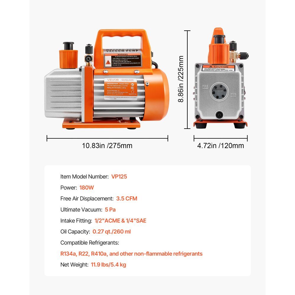 Vacuum Pump 99L/min HVAC Single Stage Rotary Vane AC Vacuum Pump for R134a R22 R410a Systems with Oil Bottle 4 Pole Motor 5Pa for Automotive Air Conditioning Resin Degassing