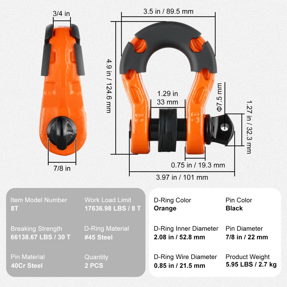 3/4" D-ring beugel, 2 stuks gelegeerde stalen beugels, 30 ton breeksterkte, met 7/8" schroefpen, isolatoren en ringen, zware terreinwagen herstelbeugel voor Jeep Trucks, oranje
