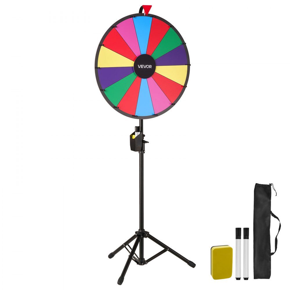 Glücksrad, Spinnrad (61 cm), 14 Fächer, Glücksrad mit Stativ, höhenverstellbar, Lotteriespiele, Gewinnspiel, Roulette, mit Tafelschwamm & 2 Markern, 6 Farben, ideal für Party, Kneipe, Jahrmarkt, Karneval