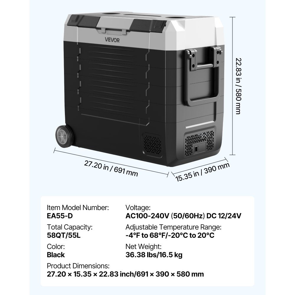 Kompressor-Kühlbox 12/24 V DC 100–240 V AC, Auto-Kühlschrank 55 l mit App-Steuerung & Rädern & 2 Temperaturzonen (-20 °C bis 20 °C), tragbarer Kühlschrank für Wohnmobile, Boote, Camping, Angeln
