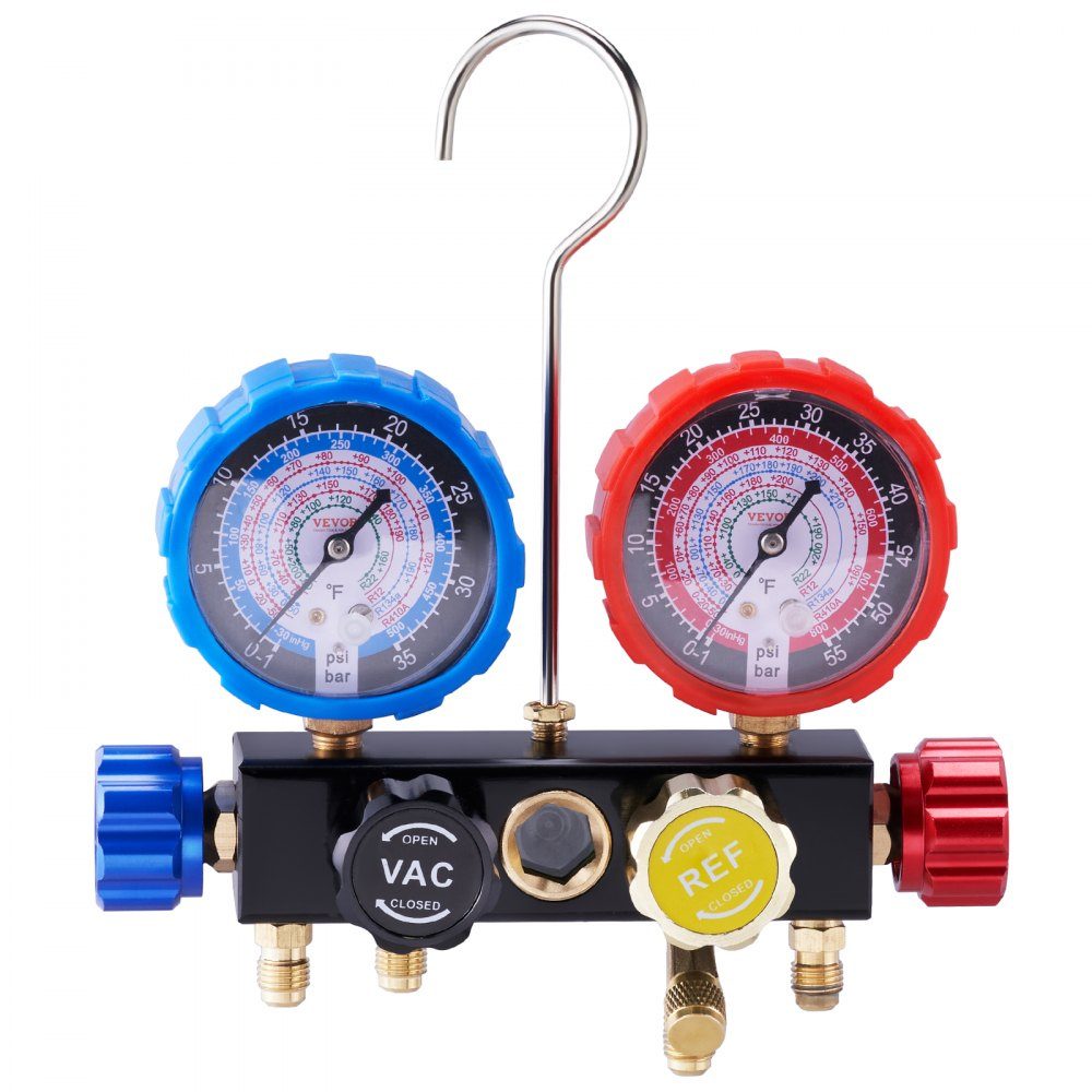 Refrigerant Pressure Gauge 4 Way Car Refrigerant Distributor Gauge Set R134A-R12-R410A-R22 AC 4pcs 1524mm Charging Hoses Refrigerant Distributor Gauge AC Diagnostic Tools Car Air Conditioner