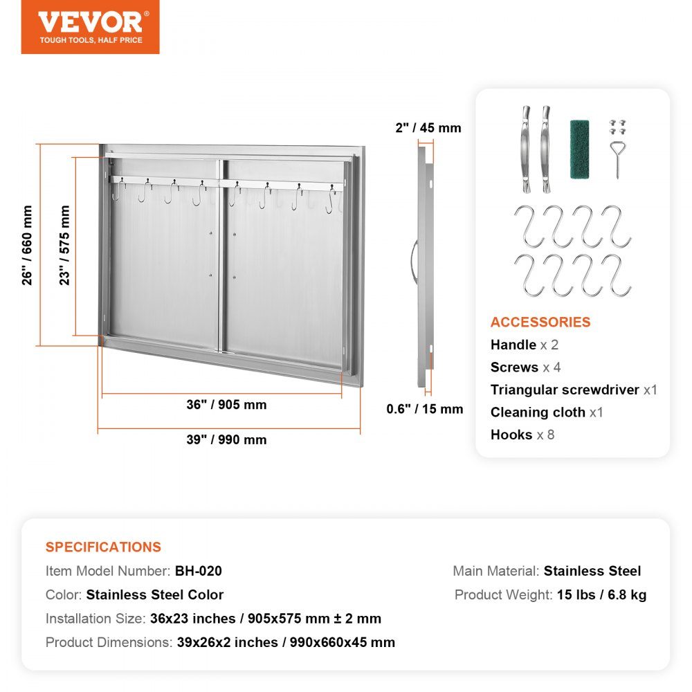 Grill Access Door 990x660mm Double Outdoor Kitchen Door Flush Mount Stainless Steel Door Vertical Wall Door with Handles and Hooks for Grill Island Grill Station Outdoor Cabinet