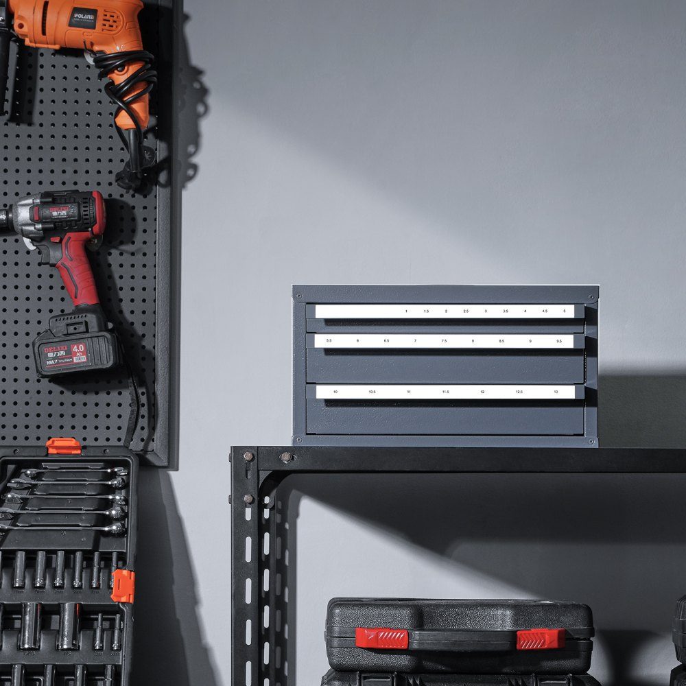 Bohrer-Spender-Schrank, Bohrer-Organizer mit drei Schubladen für 1 mm bis 13 mm, Bohrer-Spender-Organizer aus Stahl mit Etiketten, stapelbarer Bohrer-Spender zur Bohrer-Aufbewahrung