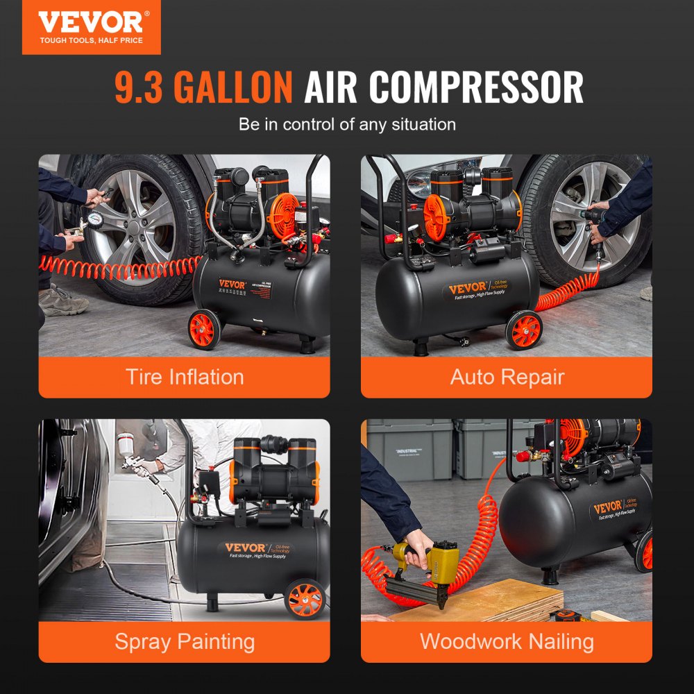Compresseur d'air de 9,3 gallons, 2,5 HP, 2,2 CFM à 90 PSI, réservoir de compresseur d'air sans huile et pression maximale de 116 PSI, compresseur ultra silencieux de 70 dB pour la réparation automobile, la pression des pneus, la peinture au pistolet, le Compresseur d'air de 9,3 gallons, 2,5 HP, 2,2 CFM à 90 PSI, réservoir de compresseur d'air sans huile et pression maximale de 116 PSI, compresseur ultra silencieux de 70 dB pour la réparation automobile, la pression des pneus, la peinture au pistolet, le