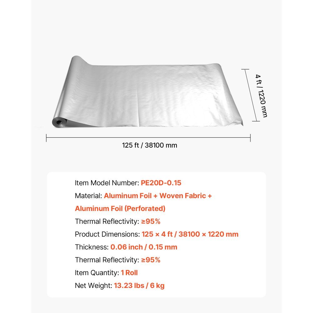 Isolierfolie, perforierter Stoff, reflektierende Folie, 0,15 mm, 122 cm x 38,1 m, doppelseitige Aluminiumfolie, Wärmedämmrolle für Fenster und Wohnmobildächer