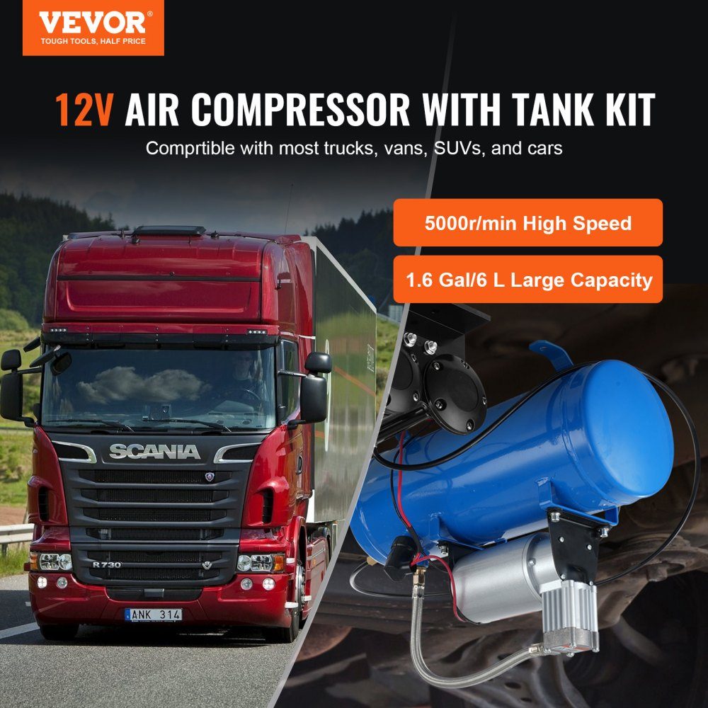 Compresseur d'air 12 V avec réservoir 6 L, kit de compresseur d'air pour klaxon de train, pression de fonctionnement 90-120 psi, système de compresseur d'air intégré pour klaxons d'air de train, gonflage de pneus, camions, SUV, etc. Bleu
