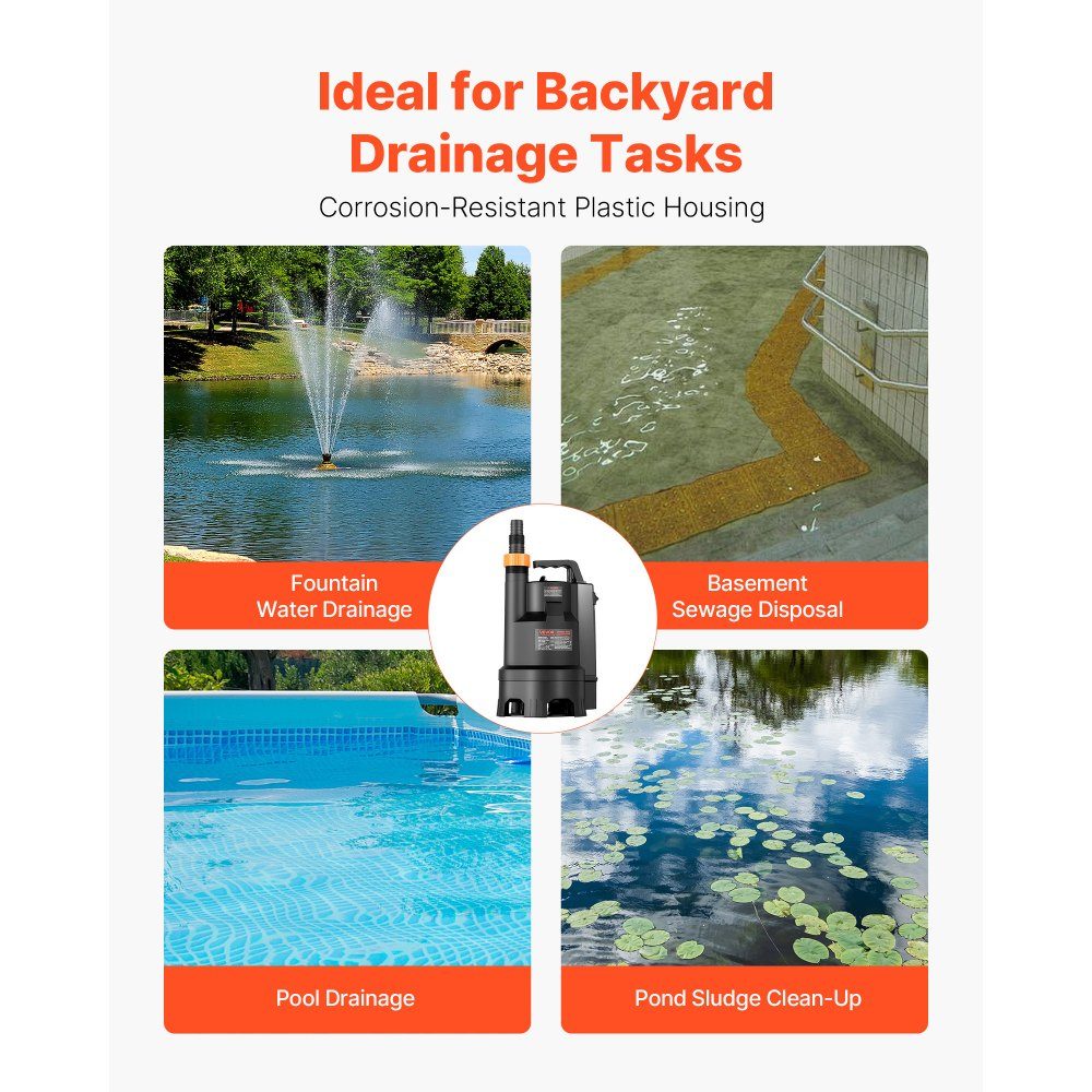 690W Tauchpumpe, 17500L/h, PP-GF20 Schmutzwasserpumpe für Abwasser, Schmutzwasser & Reinwasser mit automatischem Schwimmerschalter, 9m Förderhöhe, für Pools, Teiche, überschwemmte Gebiete