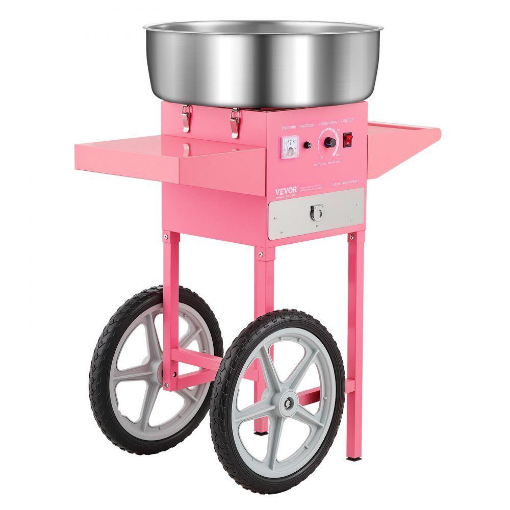 Machine à barbe à papa électrique, machine à barbe à papa commerciale avec chariot (1000 W), avec bol en acier inoxydable de 52 cm, cuillère à sucre et tiroir, parfaite pour les anniversaires d'enfants, les réunions de famille, rose