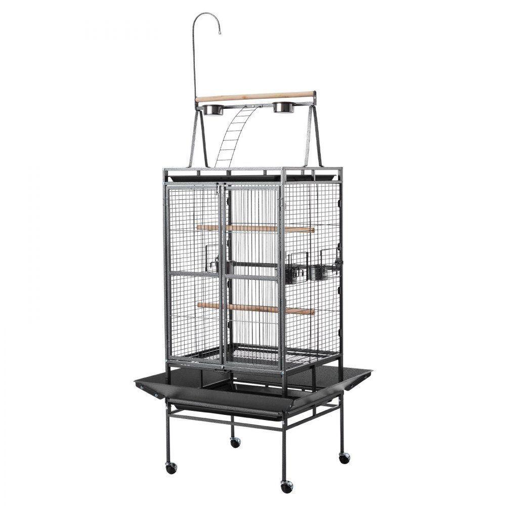 Vogelkäfig, 830 x 790 x 2100 mm, oben offen, Vogelvoliere aus Schmiedeeisen mit Sitzstangen, Napf und Futternäpfen aus Kunststoff, für Nymphensittiche, Mönchssittiche und Graupapageien