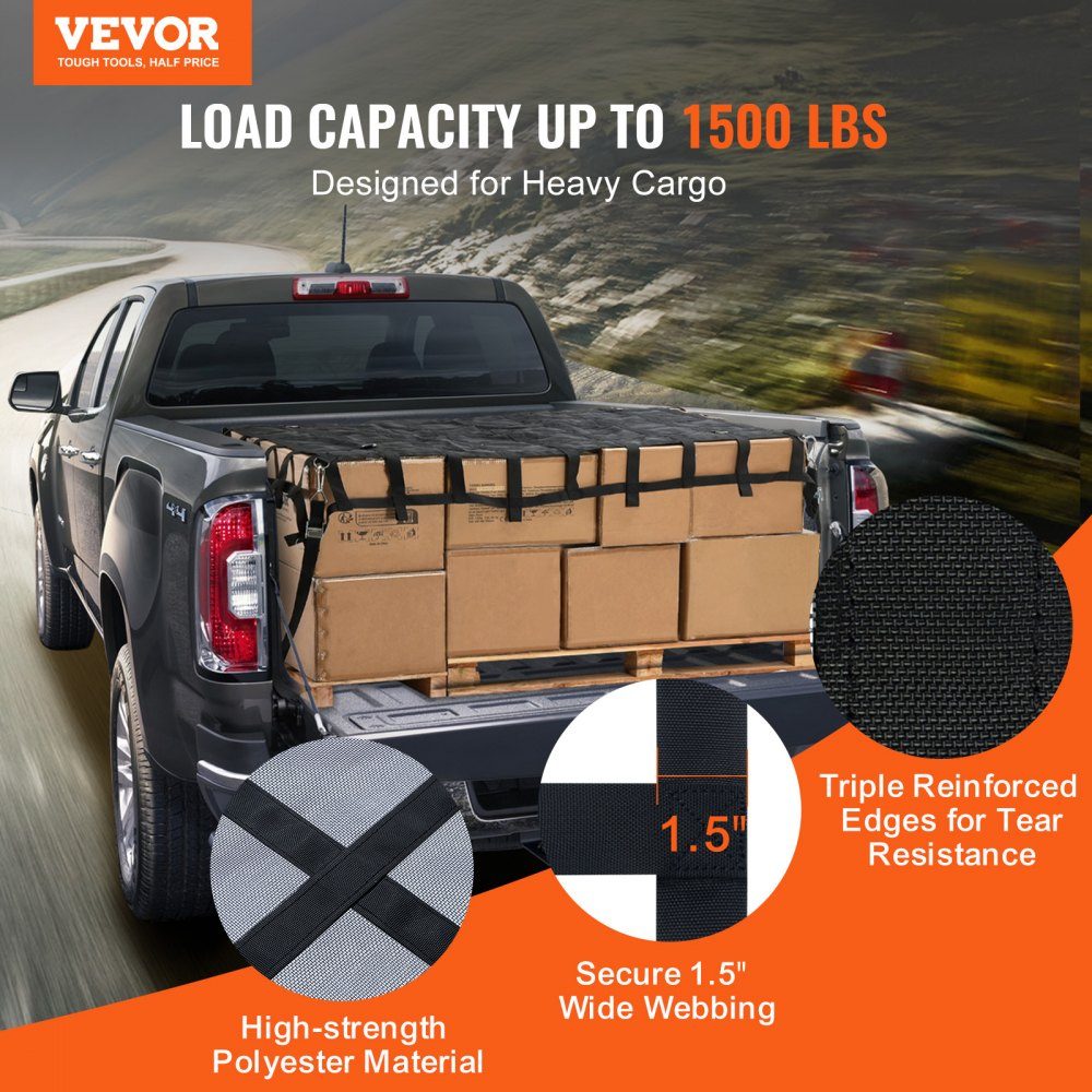 Cargo Net, 183 x 145 cm, Truck Bed Net, 4 Adjustable Straps with Carabiners & S-Hooks, Transport Net Wear-Resistant & Weatherproof, Luggage Net Suitable for Pickup, Truck, Jeep, SUV, Boat