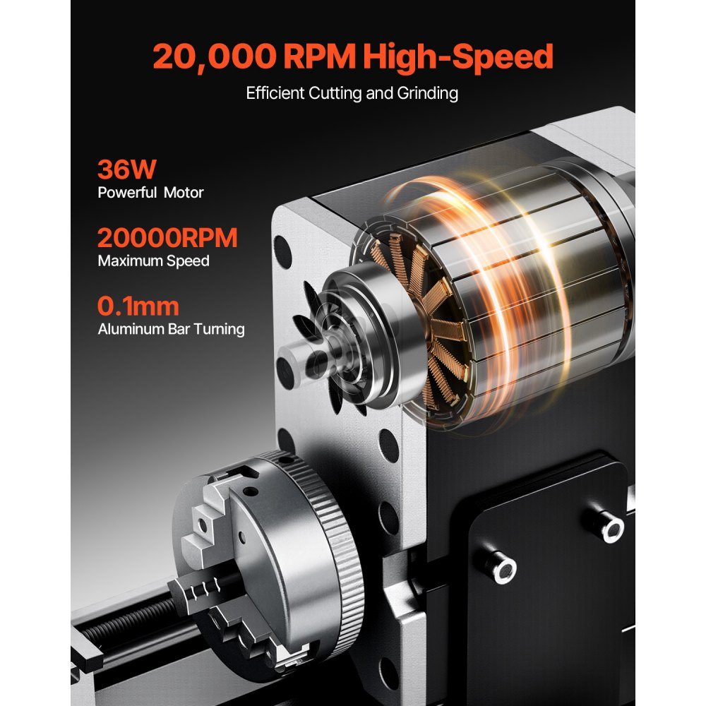 Mini metal lathe 70x130 mm, milling machine 20000 rpm, 36W high performance motor, 3-jaw chuck, didactic metal lathe with protection for machining precision parts