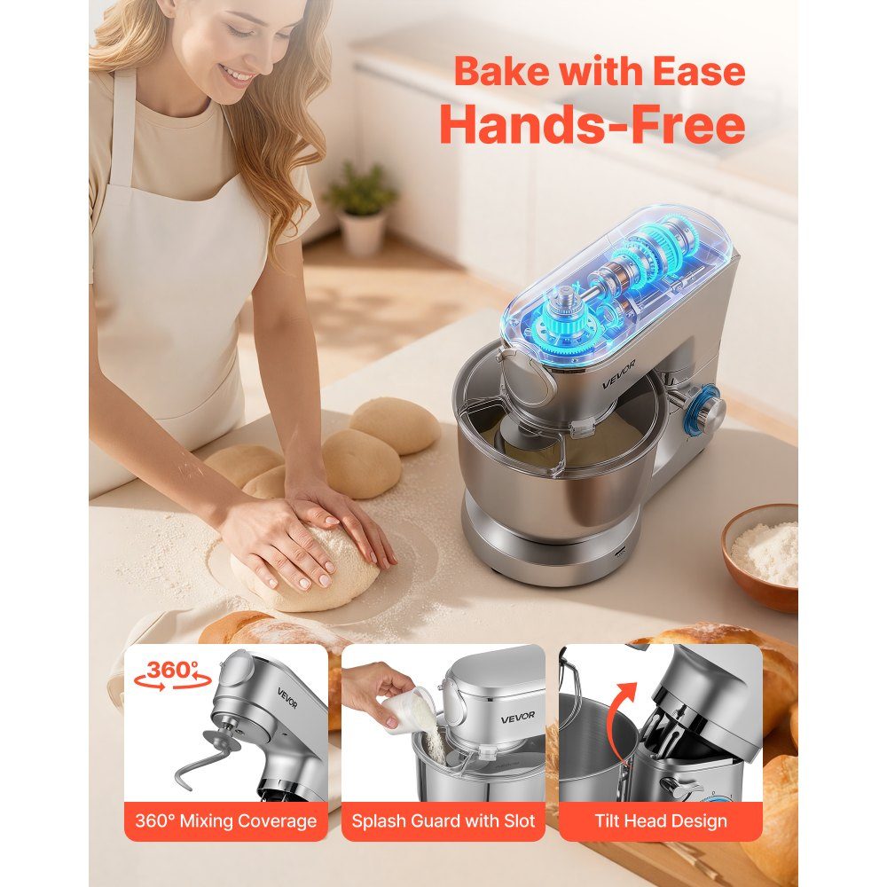 Multifunctional electric food processor 1500 W with stainless steel bowl (6 l) and mixing cup (1.5 l), kneading machine, dough mixer with 6+P speeds, dough hook, whisk and beater