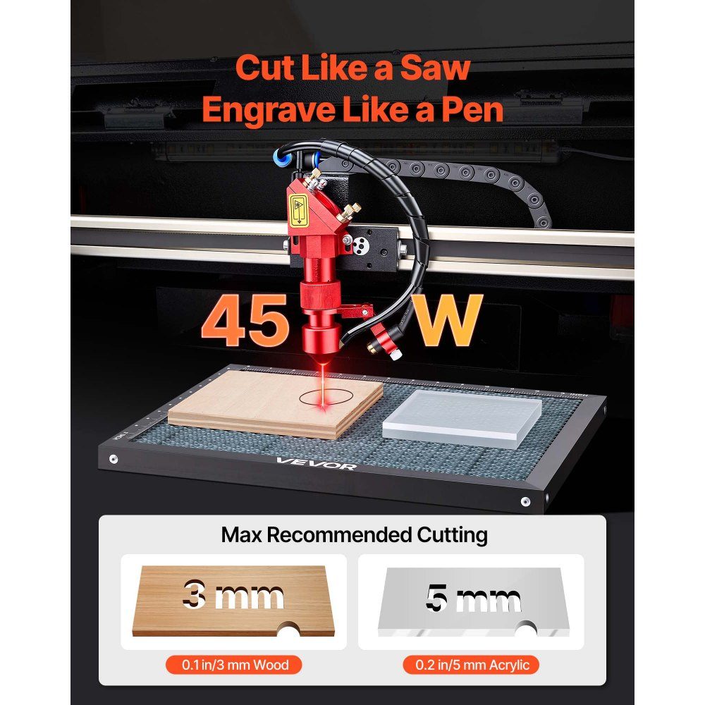 CO2 Laser Engraver 45W 300x200mm Tabletop CO2 Laser Engraving Machine with Rotary Axis Air Support Compatible with LightBurn, CorelDRAW and GRBL for Wood, Acrylic and Glass