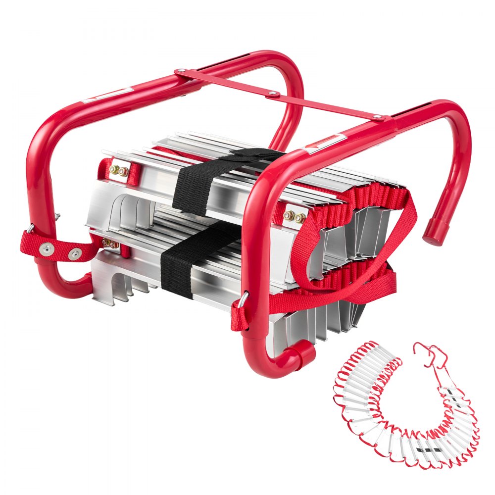 Brandtrap 15 meter intrekbare reddingsladder Max. 1000 lbs lichtgewicht noodladder van aluminiumlegering met polyester band van hoge sterkte, antislipsporten en brede treden, 5-6 verdiepingen