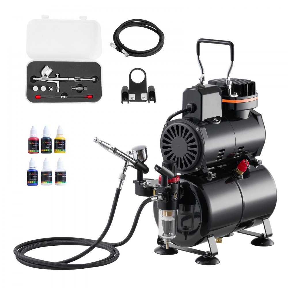 Airbrush Set 1/6 HP with Air Compressor & Tank, 1 Dual Action Airbrush Gun with 3 Nozzles (0.2/0.3/0.5mm) & Hose & Acrylic Paint & 1 Fan, for Cake Decoration, Model Painting, Nail Art