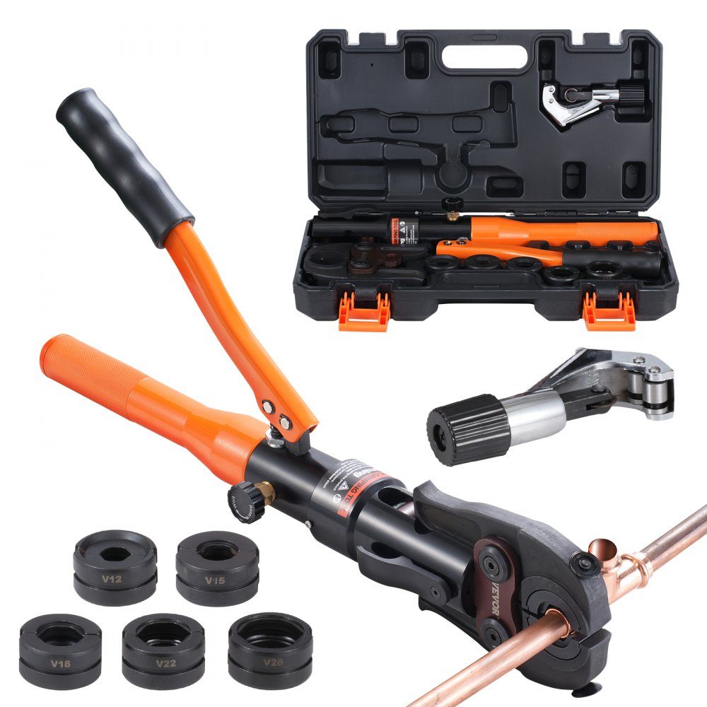 Hydraulic pipe crimping tool for copper pipe connections, pressing pliers with V12, V15, V18, V22, V28 quick-change jaws, 360° rotating press set for T-connections in tight spaces, hydraulically powered