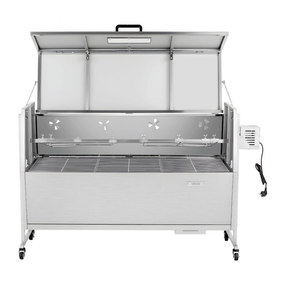 Drehspieß 38W Spanferkelgrill Lammgrill Holzkohlegrill (132cm Grilllänge) mit 60kg Belastbarkeit & Rollen & 4-fach Höhenverstellung & Deckel, Edelstahl Elektrogrill Set für Camping