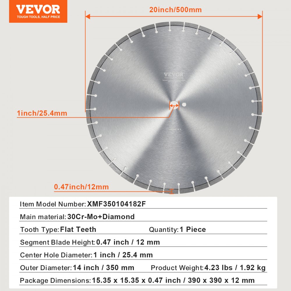 Diamond Saw Blade, 14"/350mm Concrete Saw Blade for Wet or Dry Work, 0.39"/10mm Diamond Segment Saw Blade with Flat Teeth, Universal Center Hole Diameter 1"/25.4mm, for Concrete, Cement Board, Tile, Brick