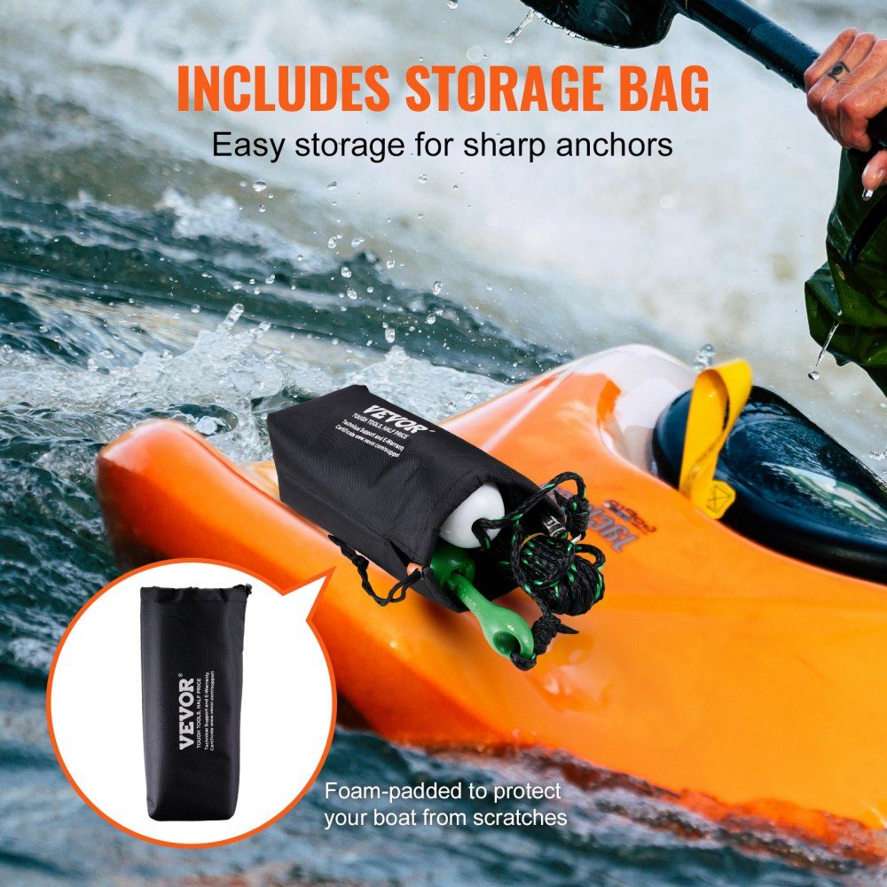 Kajak-Anker-Set, 3,5 lbs Paddle-Board-Anker-Set mit 8 m Seil und Boje, faltbarer kleiner Bootsanker mit Aufbewahrungstasche und Karabinerhaken, Kajak-Zubehör für Kajaks, kleine Boote, Kanus