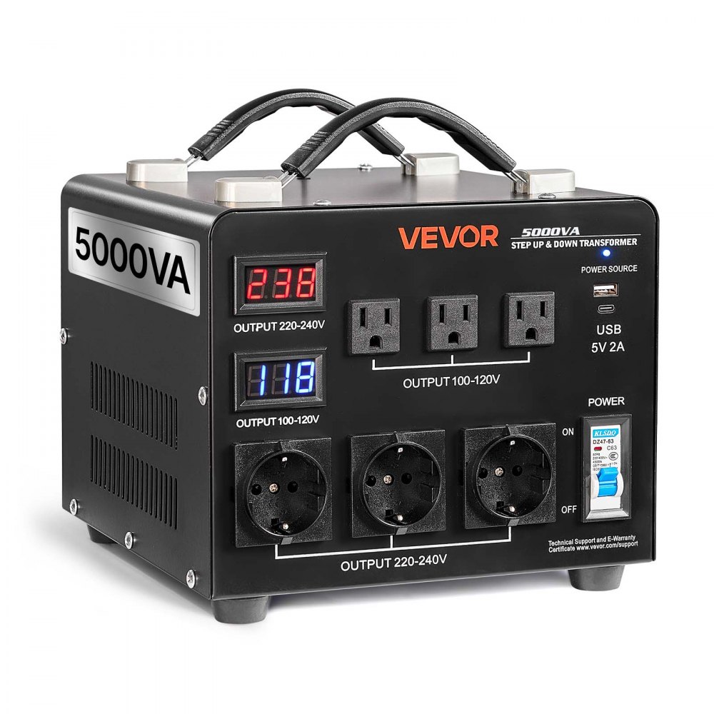 Voltage Converter Transformer 5000VA Heavy Duty Step Up/Down Transformer 110V to 220V & 220V to 110V with 3 US Sockets, 3 EU Sockets, LCD Display, Circuit Breaker Voltage Converter Transformer 5000VA Heavy Duty Step Up/Down Transformer 110V to 220V & 220V to 110V with 3 US Sockets, 3 EU Sockets, LCD Display, Circuit Breaker