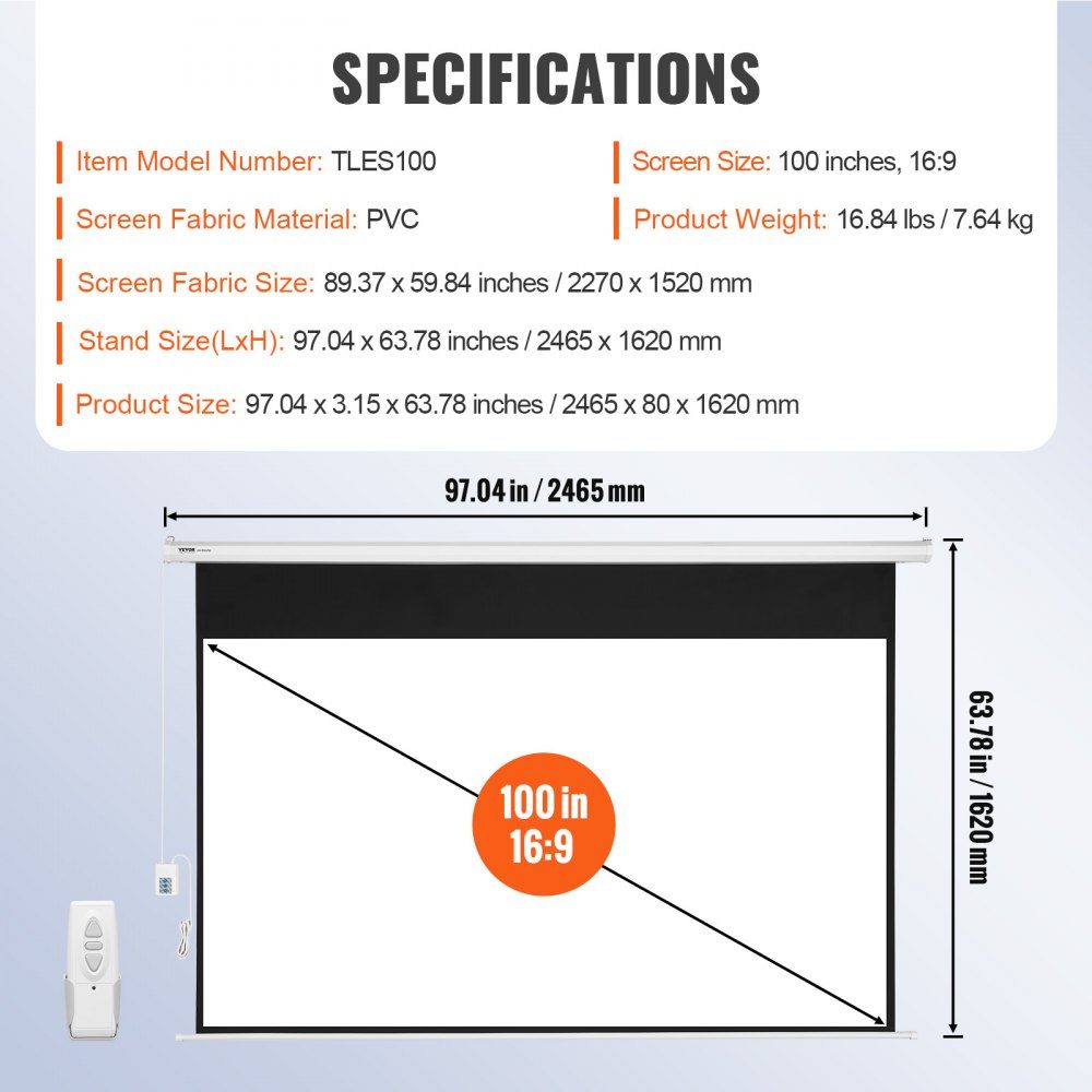 Motorized Projector Screen, 100 Inch 16:9 4K 1080 HD Electric Projector Screen, Automatic Projection Screen with Remote Control, Wall Mounted Cinema Screen for Family Home Office Theater