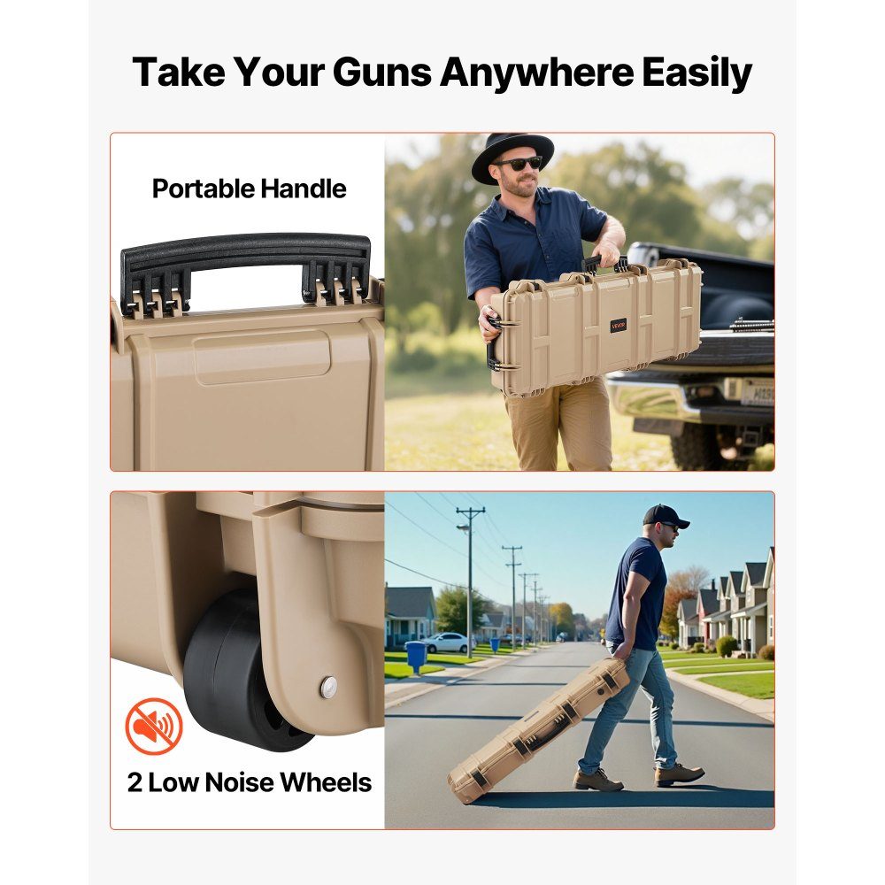 Gun Case with Hard Shell for Long Guns, Lockable Gun Case with Pre-Cut Foam, Long Gun Case, Gun Storage, Rollable, IP67 Waterproof, 97.8 x 42 x 17.3 cm, Khaki