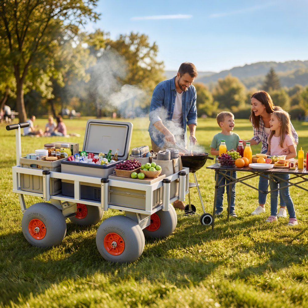 Folding Fishing Trolley, 159kg Handcart with 4 PU Pneumatic Tires for All Terrain, Transport Trolley with Aluminum Frame & 6 Rod Holders, Multifunctional Transport Trolley for Fishing, Camping, Beach