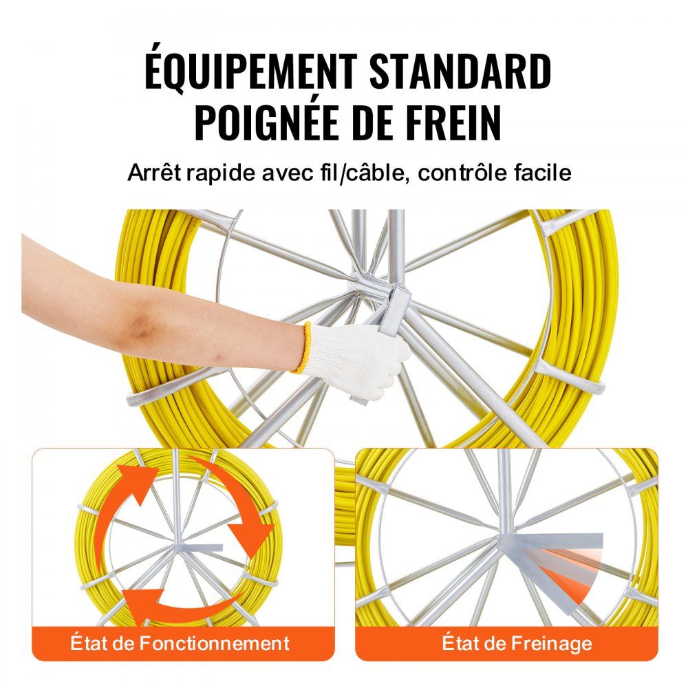 Fiberglass cable wheel Ø6.35 mm x 129.5 m Fiberglass rod incl. steel roller Gloves Brake handle Metal pull heads Fish tape -40℃ to +80℃ Pull-in aid Pull-in tape Pull-in spiral