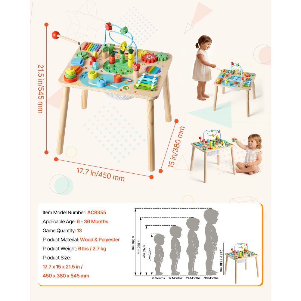 Aktivitätstisch aus Holz, Montessori-Spielzeug, 13-in-1-Lerntisch, Spieltisch, Aktivitätstisch für Kinder ab 6 Monaten, ideales Geschenk für Geburtstag, Weihnachten oder Kindertag, 6–36 Monate