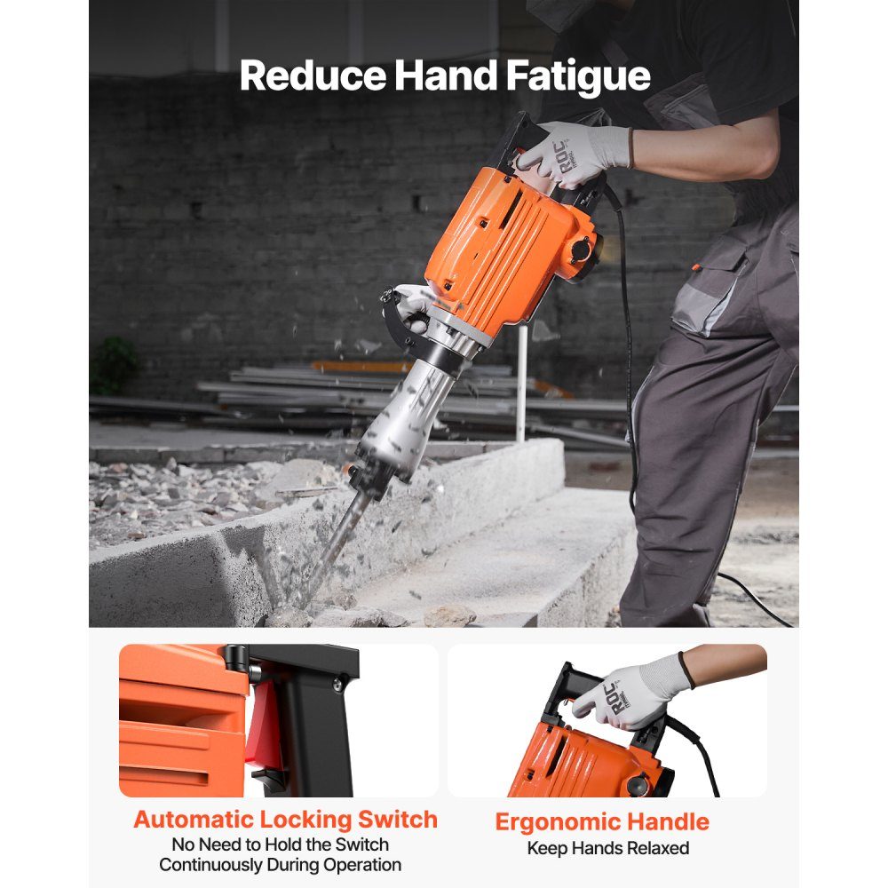 Demolition Hammer 2200W Electric Jack Hammer Heavy Duty 1400 BPM Concrete Breaker 4 Chisel Gloves