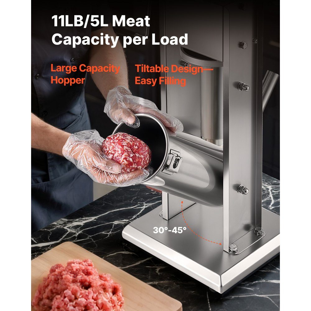 Manueller Wurstfüller 5L Vertikale Wurstfüllmaschine Fleischfüller mit 2 Geschwindigkeiten (schnell/langsam), Hochleistungs-Edelstahlfüller mit 5 Wurstfüllrohren, Fleischfüllung