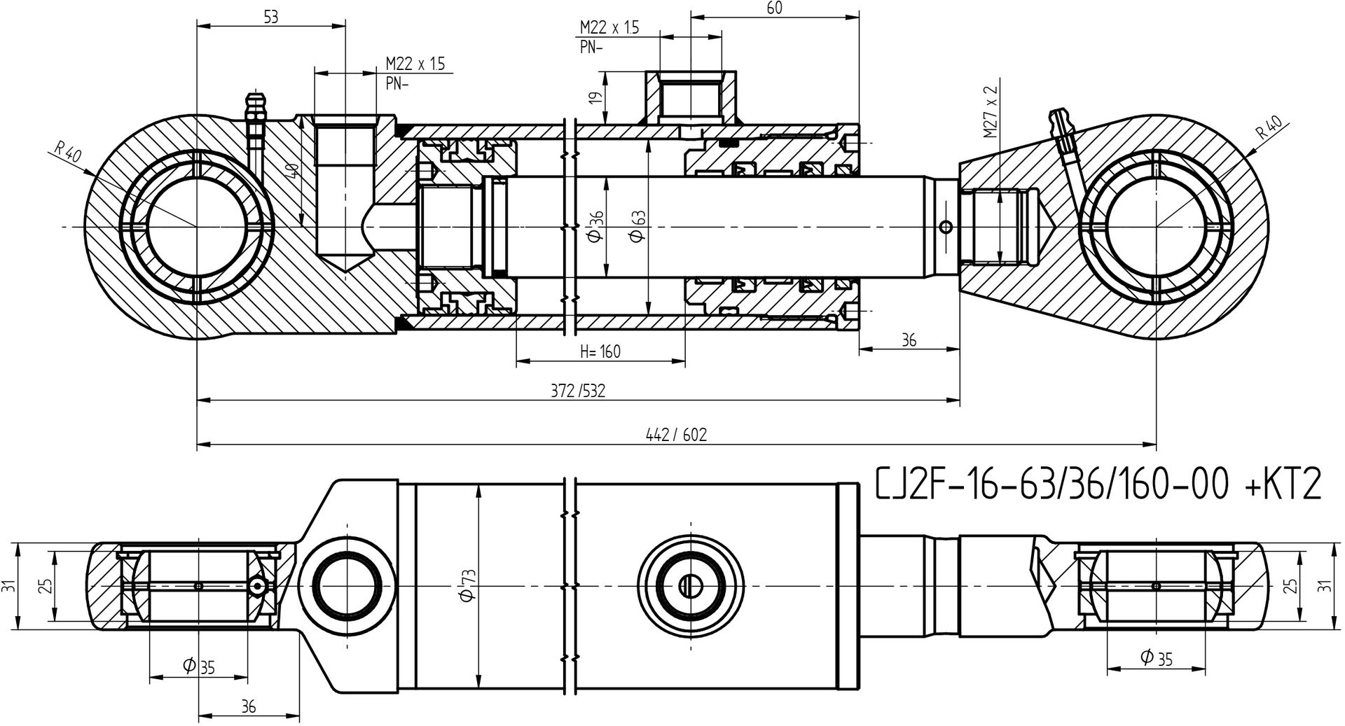 HYDRAULIKZYLINDER 63x36 HÜBE 160 + MONTAGE