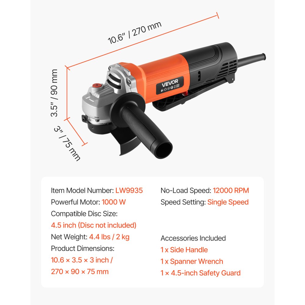 114,3 mm haakse slijper 12.000 tpm doorslijpmachine met snoer en verstelbare stofkap voor het slijpen, doorslijpen en ontroesten van metaal (schijf niet inbegrepen) 114,3 mm haakse slijper 12.000 tpm doorslijpmachine met snoer en verstelbare stofkap voor het slijpen, doorslijpen en ontroesten van metaal (schijf niet inbegrepen)