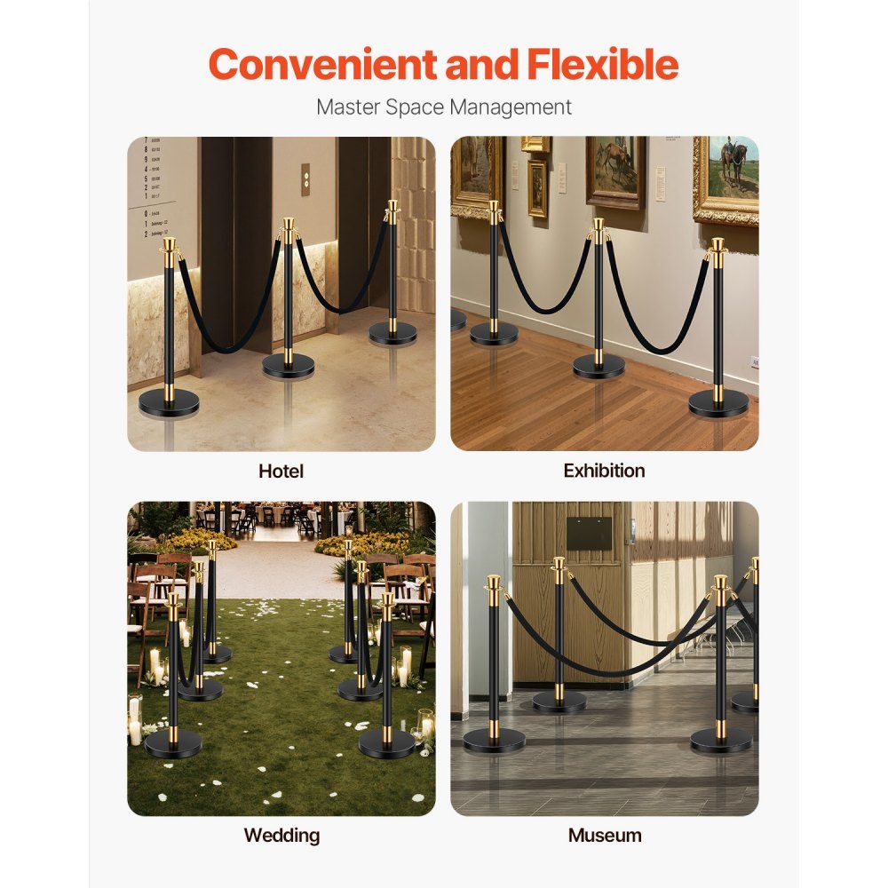 Barrier posts (6 pieces) for crowd control with 4 black velvet ropes (1.5 m long), stainless steel barrier stand with refillable base for exhibitions