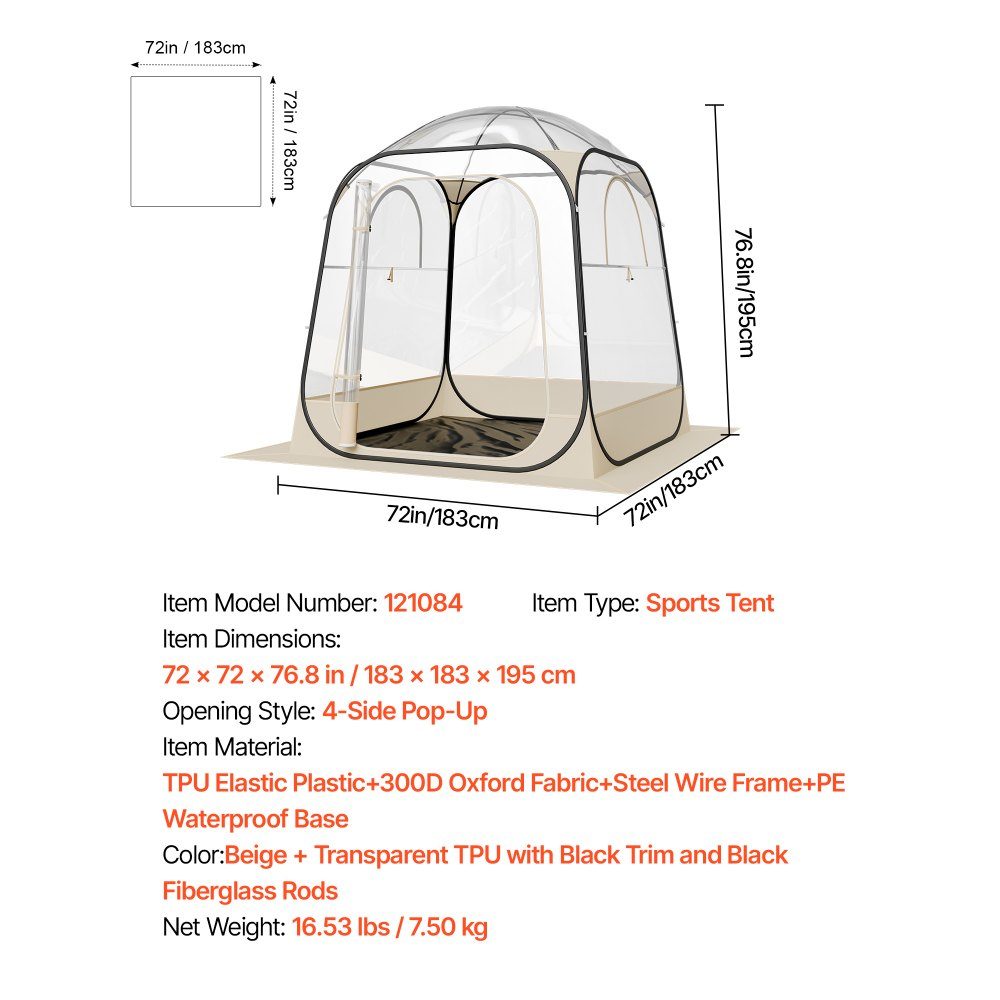 Transparentes Zelt, 183 x 183 x 195 cm, Pop-Up-Zelt für 5–6 Personen, Sportzelt mit Bodenmatte und oberer Abdeckung, Outdoor-Blasenzelt, Camping-Unterstand für Veranstaltungen, Angeln, Jubeln