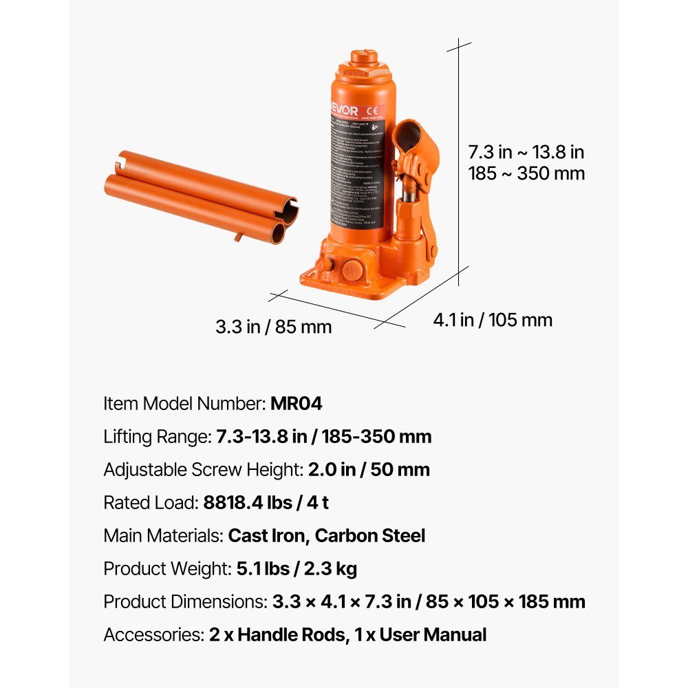 Cric bouteille hydraulique d'une capacité de 4T, plage de levage de 185 à 350 mm, cric bouteille avec système de soudage pour la réparation de voitures SUV, pick-up, cric haute performance