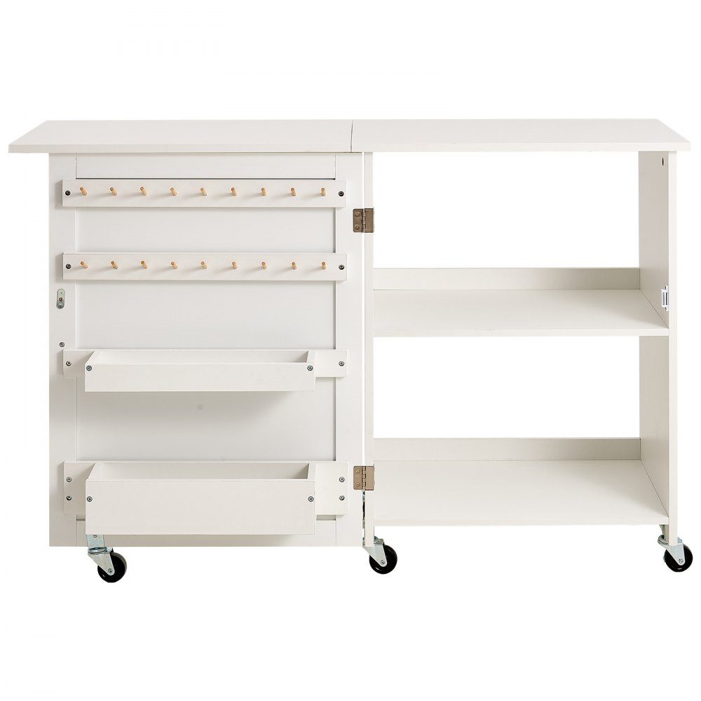 Opvouwbare naaitafel Multifunctionele naaimachinetafel met wielen en planken en opbergvakken en houten pennen en magnetische deuren, naaimachine wit (1170 x 400 x 778 mm)